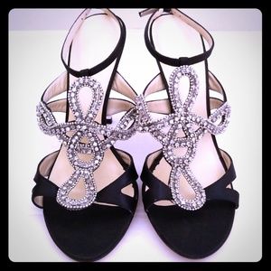 BCBG black satin and crystal heels sine 8 1/2